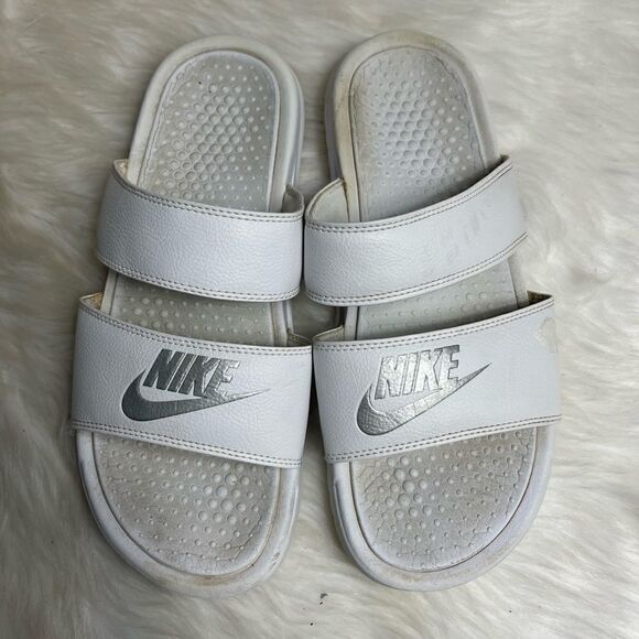 Nike Benassi Duo ultra slides white and silver logo sandals size 10 - Picture 1 of 9